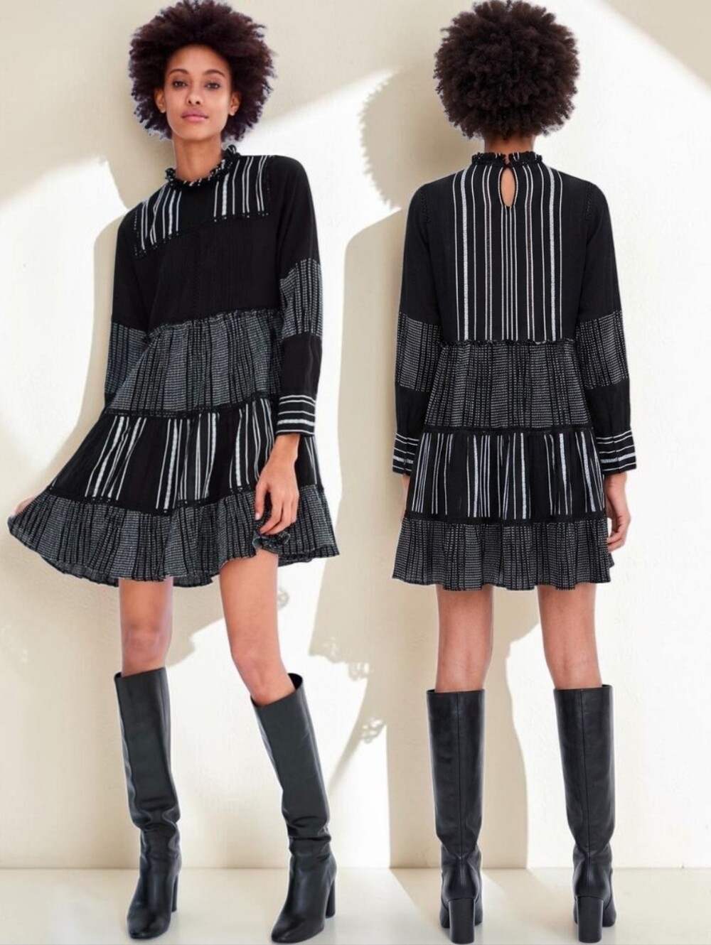 ZARA Boho Embroidered Long Sleeve Tiered Mini Dress - Size XS